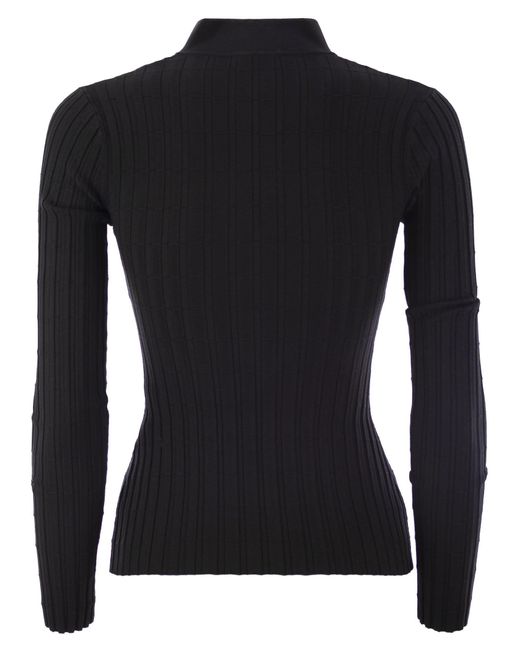 Elisabetta Franchi Black Ribbed Viscose Sweater With Button Placket