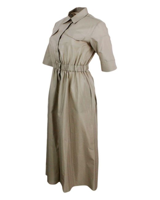 Barba Napoli Natural Long Dress Made Of Cotton With Short Sleeves, With Elastic Waist And Button Closure. Welt Pockets