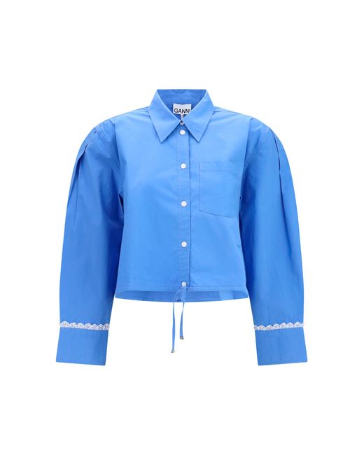 Ganni Blue Cotton Shirt With Lace Details Cotton; Elastane