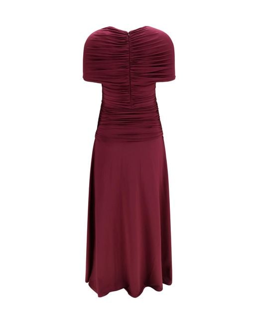 Self-Portrait Red Ruched Midi Dress Jersey Viscose; Elastane