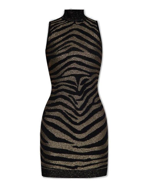 Balmain Black Zebra Printed Highneck Mini Dress