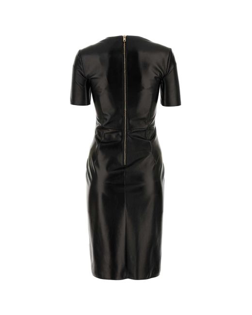 Prada Black Logo Patch Short-sleeved Midi Leather Dress