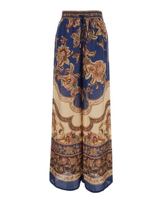 Zimmermann Blue Aster Relaxed Pant With Elegant Multicolored Silk Details For Trousers