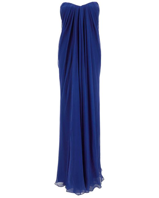 Alexander McQueen Blue Draped Sweetheart-neck Silk Maxi Dress