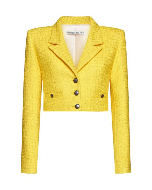 Alessandra Rich Yellow Sequin Check Tweed Crop Blazer