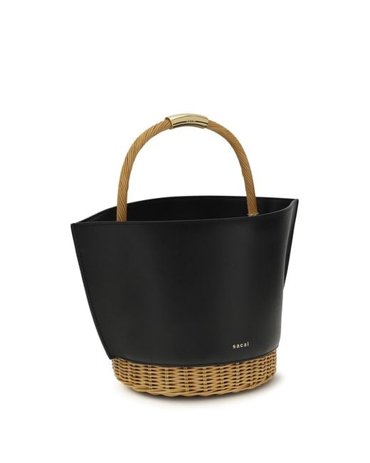 Sacai Black Leather And Rattan Handbag Calf Bos Taurus Shoulder Bags