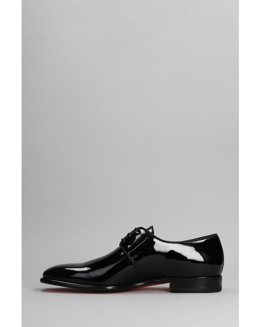 Santoni Gray Isogram Lace Up Shoes In Black Patent Leather for men