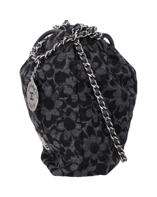 Chanel Black Denim Quilted Floral Print Mini 22 Cotton Shoulder Bags