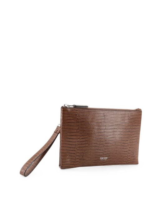 Tom Ford Brown Caramel-Colored Lizard-Printed Calf Leather Minimal Clutch With Wrist Strap for men
