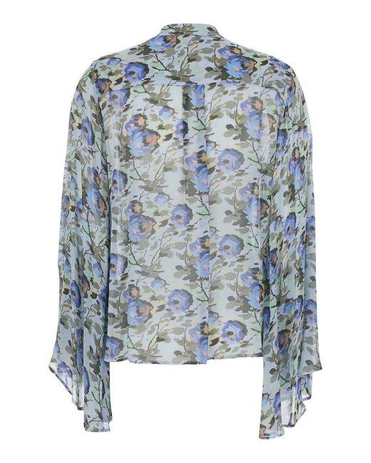 Semicouture Blue Round Neck Blouse With Ruffles And All-Over Floral Print