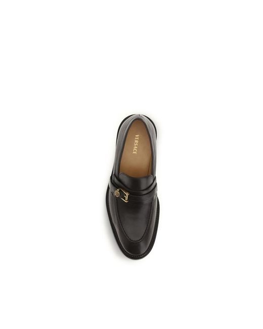 Versace Black Calf Leather Bos Taurus Slip-On Men\'s Loafers V Leather Loafers Black,Gold | VERSACE US main image 4