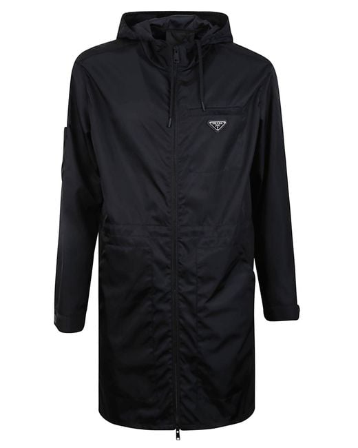 Prada Black Logo Patch Hooded Raincoat for men