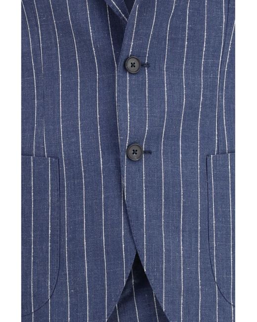 Gi Capri Blue Single-Breasted Pinstripe Suit With Patch Pocket Linen; Fleece Wool Ovis Aries Suits for men