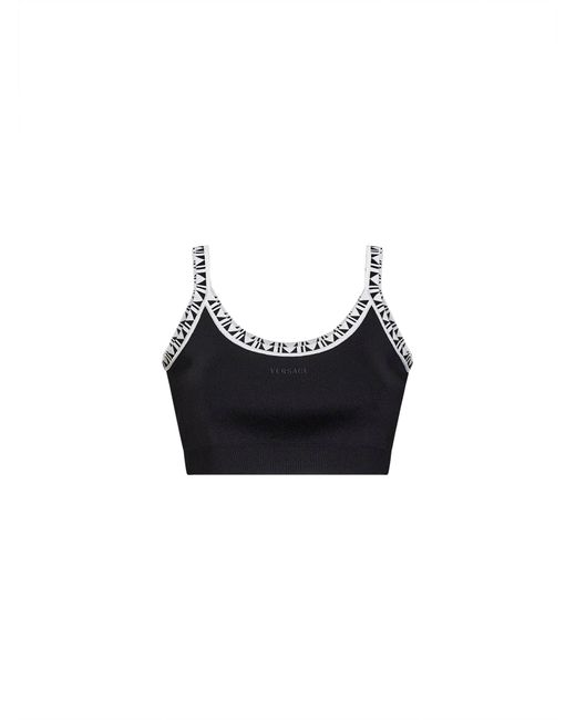 Versace Black Knit Cropped Top With Jacquard Details