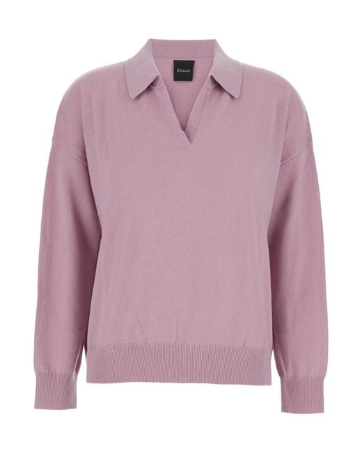 Le Plain Pink Pnik Sweater With Polo-Style Collar And V-Neck