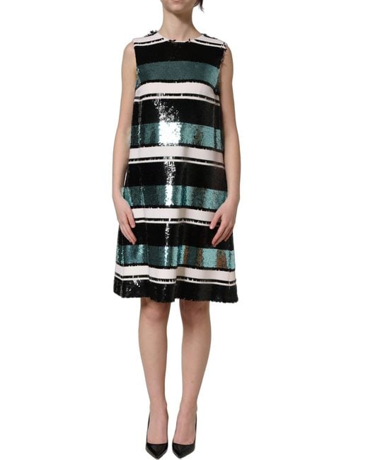 Dolce & Gabbana Black Sequined Sleeveless Shift Dress Virgin Wool Elastane