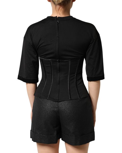 Dolce & Gabbana Black Cotton Bustier Corset Short Sleeves T-Shirt