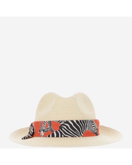 ALEXIA ALVAREZ DE TOLEDO White Panama Hat With Zebra Pattern Belt Raffia