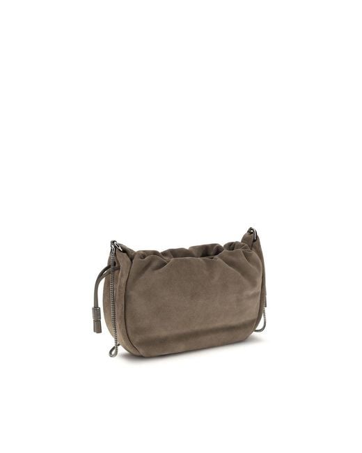 Brunello Cucinelli Gray Brown Calf Leather Bos Taurus Shoulder Bag