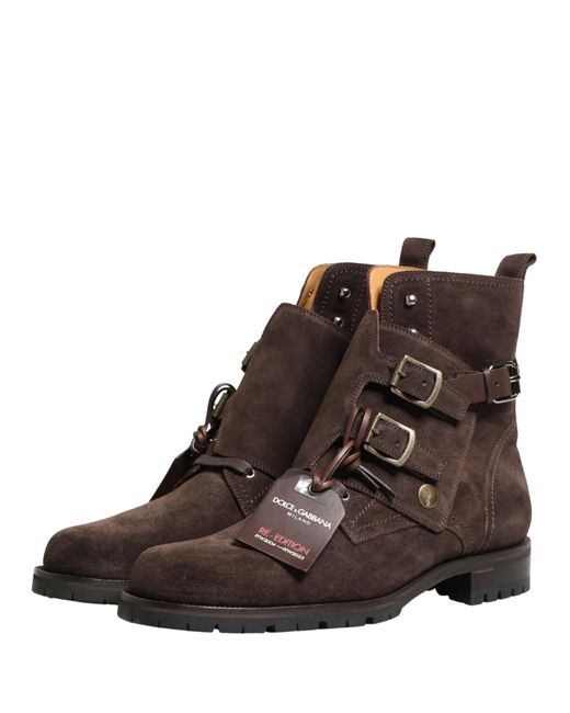 Dolce & Gabbana Brown Suede Leather Buckle Ankle Boots Shoes for men