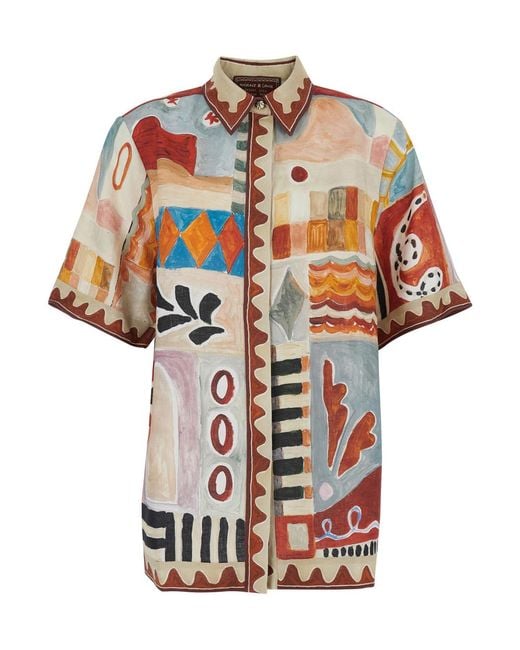 ALÉMAIS White Shirt Michelle With Classic Collar And All-Over Geometric Motif