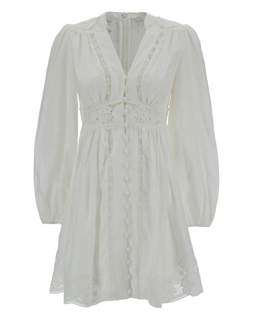 Zimmermann Gray Mini White Dress With Embroideries And Puff Sleeves In Linen Woman