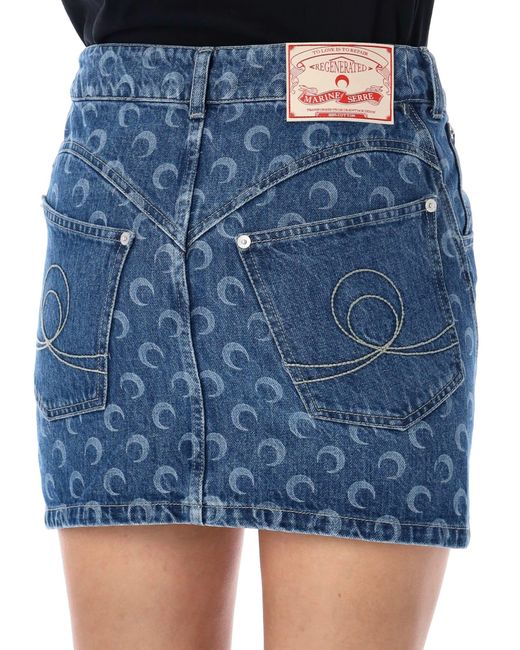 MARINE SERRE Blue Moon Print Denim Mini Skirt