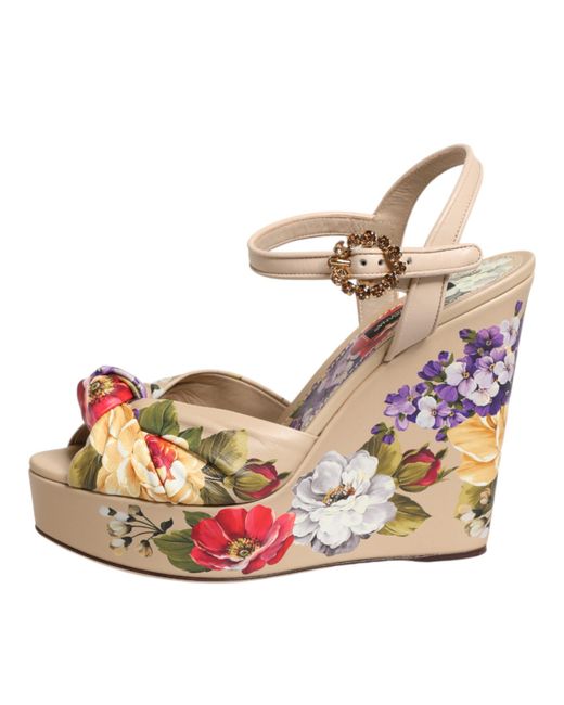 Dolce & Gabbana Natural Floral Ankle Strap Wedge Sandals Shoes 100Lf