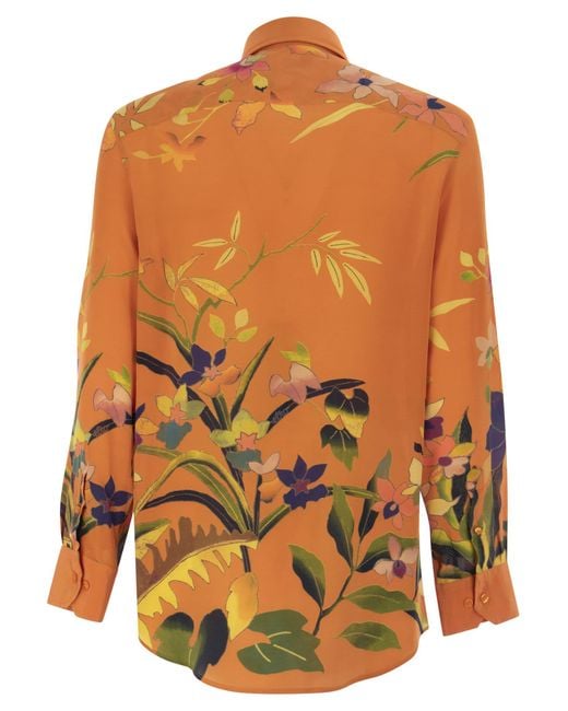 Etro Orange Ramage Floral Silk Shirt for men