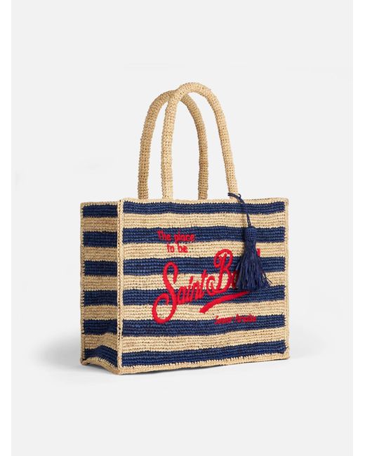 Mc2 Saint Barth Raffia Bag With Blue Stripes And Embroidery in White | Lyst