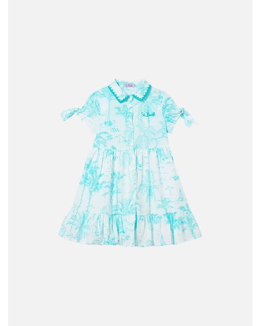 Mc2 Saint Barth Blue Girl Dress With Water Toile De Jouy Pattern