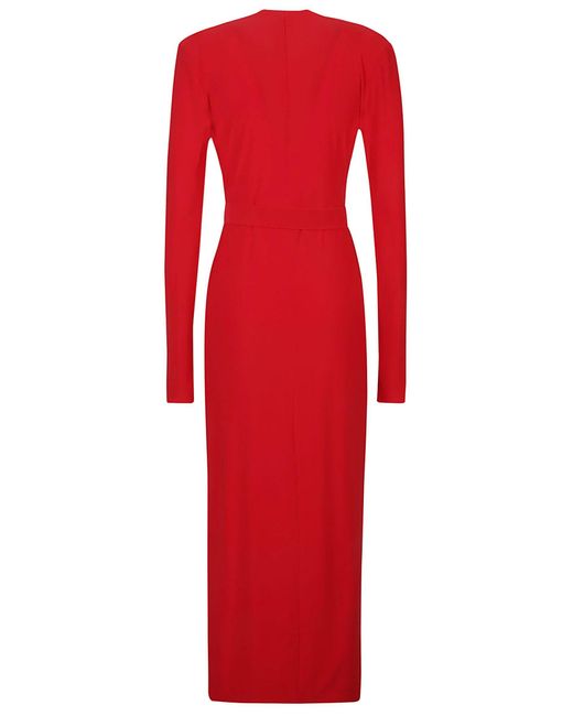 Norma Kamali Red Long Sleeve U Neck Side Slit Dress