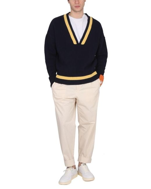 RIGHT FOR Blue V-Neck Jersey With Ribbed Details Jumpers