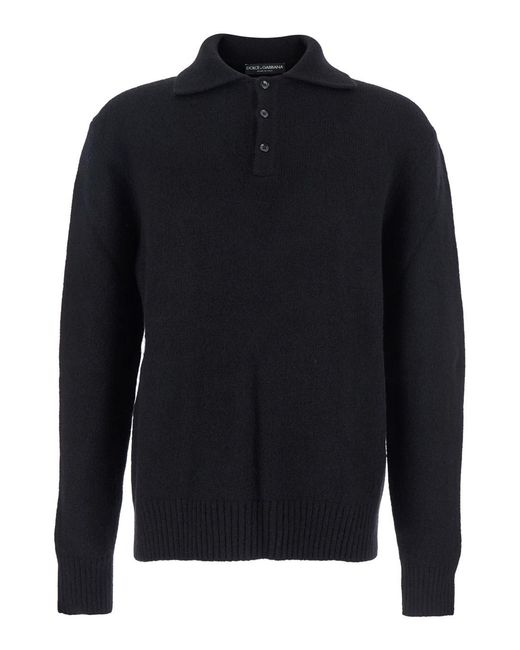 Dolce & Gabbana Blue Wool Polo Collar Sweater With Logo Patch Polyamide for men