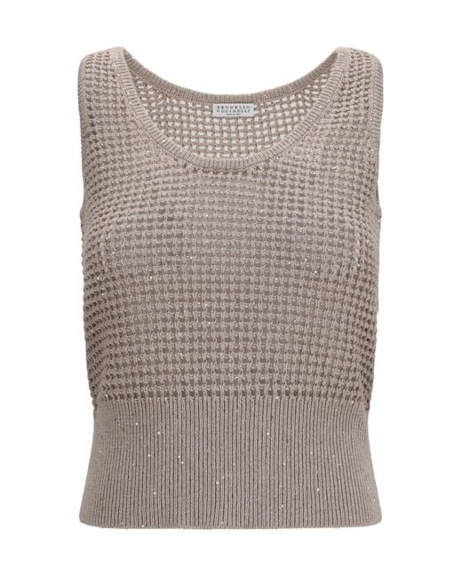 Brunello Cucinelli Gray Perforated Sequin Tank Top Cotton; Polyester