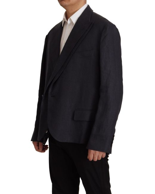 Dolce & Gabbana Black Blue Linen Formal Mens Blazer Jacket for men