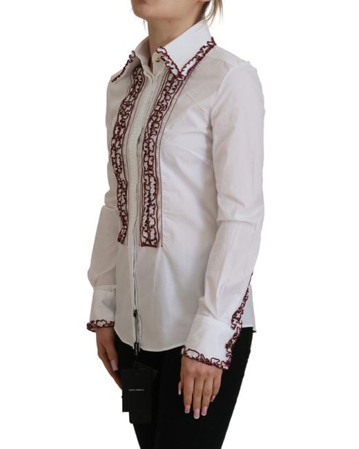 Dolce & Gabbana Gray White Cotton Lace Long Sleeves Ruffle Collar Top Shirt