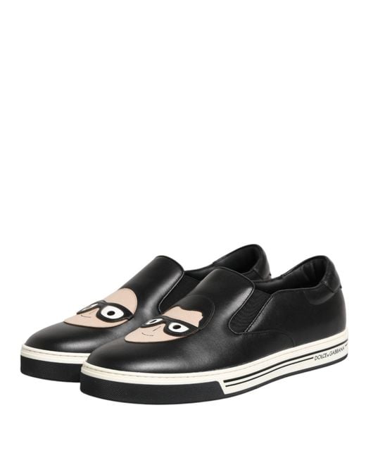 Dolce & Gabbana Black Leather Signature Figures Sneakers Shoes for men