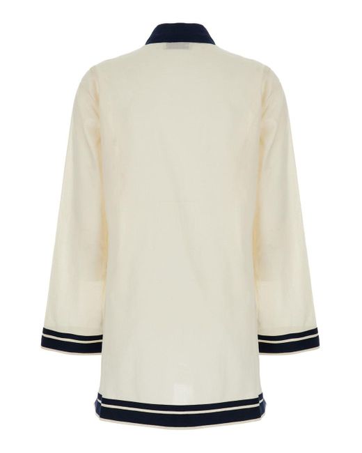 Tory Burch White Caftan With Contrasting Details And Tassel