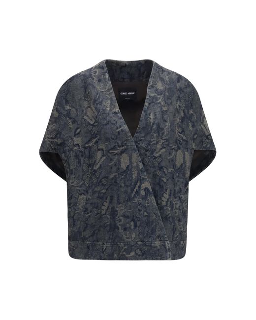 Giorgio Armani Blue Jacket Oversized Floral Jacquard Denim Cotton Blazers & Vests