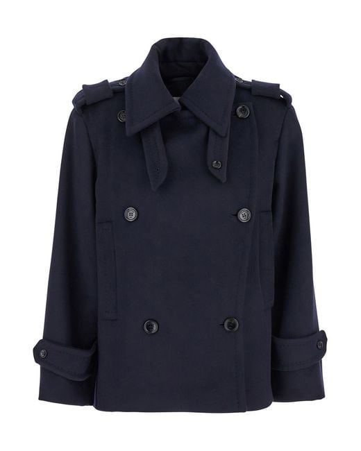 Max Mara Blue Double Breasted Jacket With Wide Lapels Virgin Wool Coat