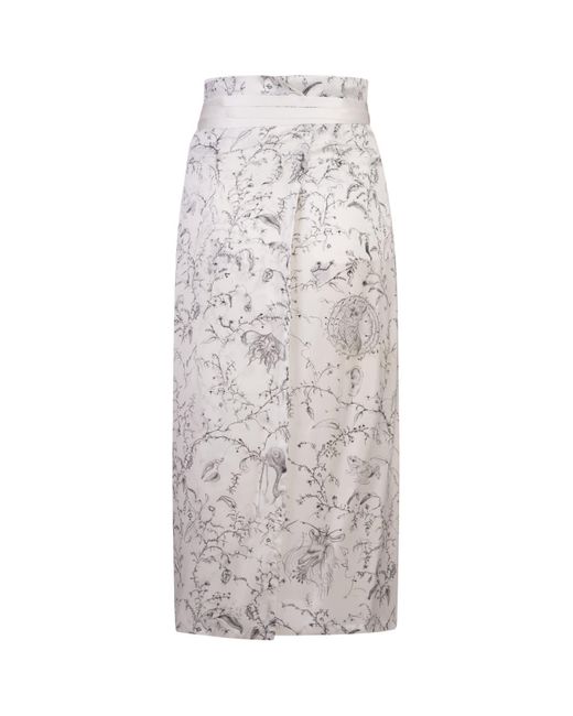 Fabiana Filippi Printed White Silk Satin Midi Skirt