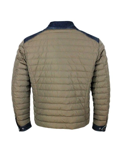 Moorer Blue 100 Gram Light Down Jacket With Denim Inserts And Details. Internal And External Side Pockets And Button Closure for men