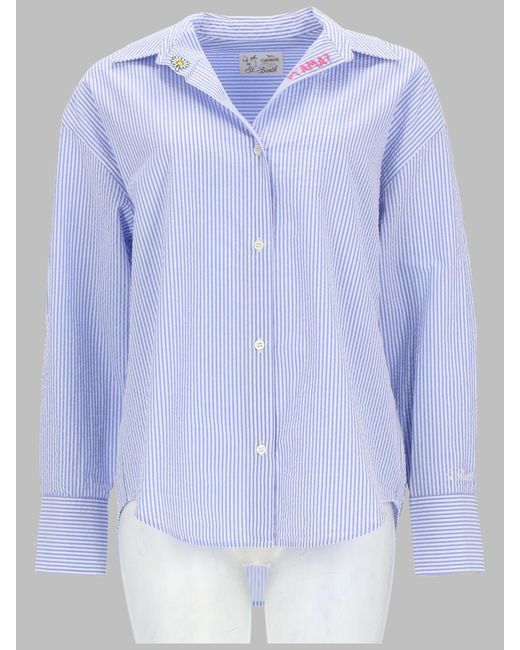 Mc2 Saint Barth Blue Shirt Striped With Embroidery Cotton