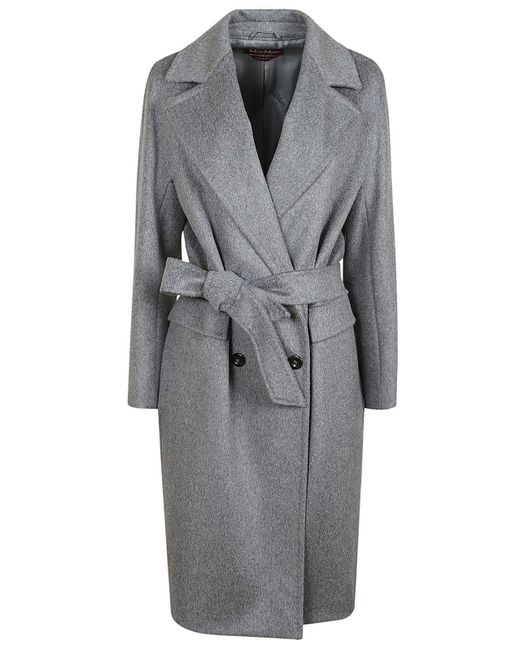 Max Mara Gray Double-Breasted Belted Coat