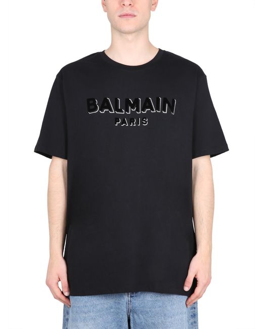 Balmain Black Flocked And Metallic Logo T-Shirt for men