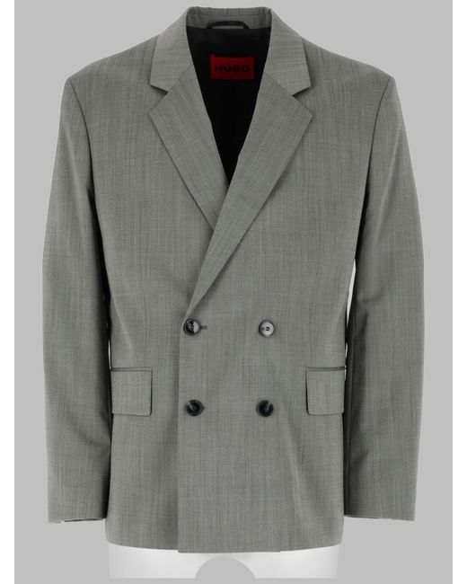 HUGO Gray Double-Breasted Jacket Karlo Virgin Wool Polyester for men