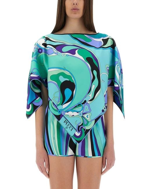 Emilio Pucci Blue Silk Top With Abstract Pattern