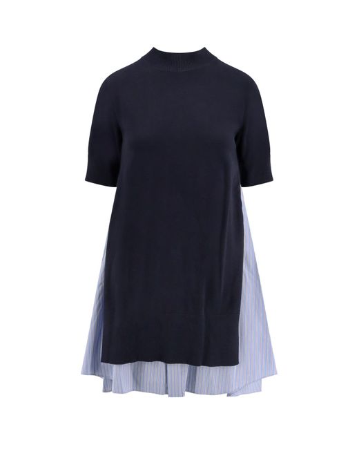 Sacai Blue Cotton Dress With Fabric Inserts