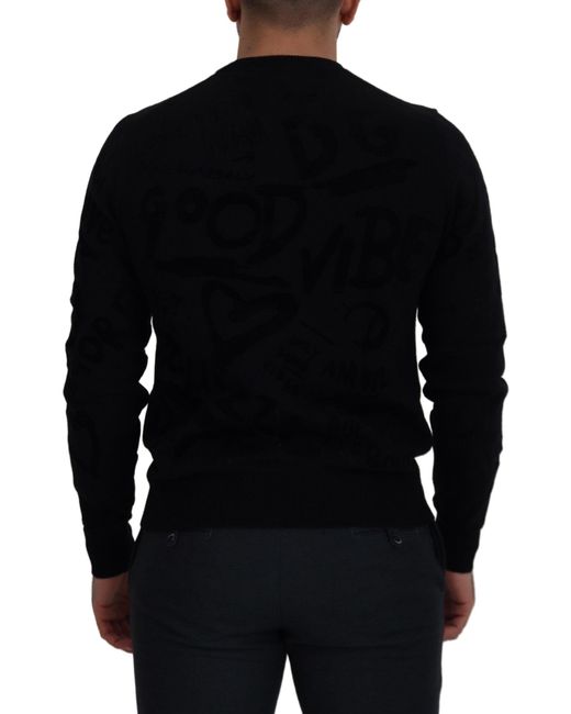 Dolce & Gabbana Black Wool Logo Pattern Crewneck Pullover Sweater Clothing for men